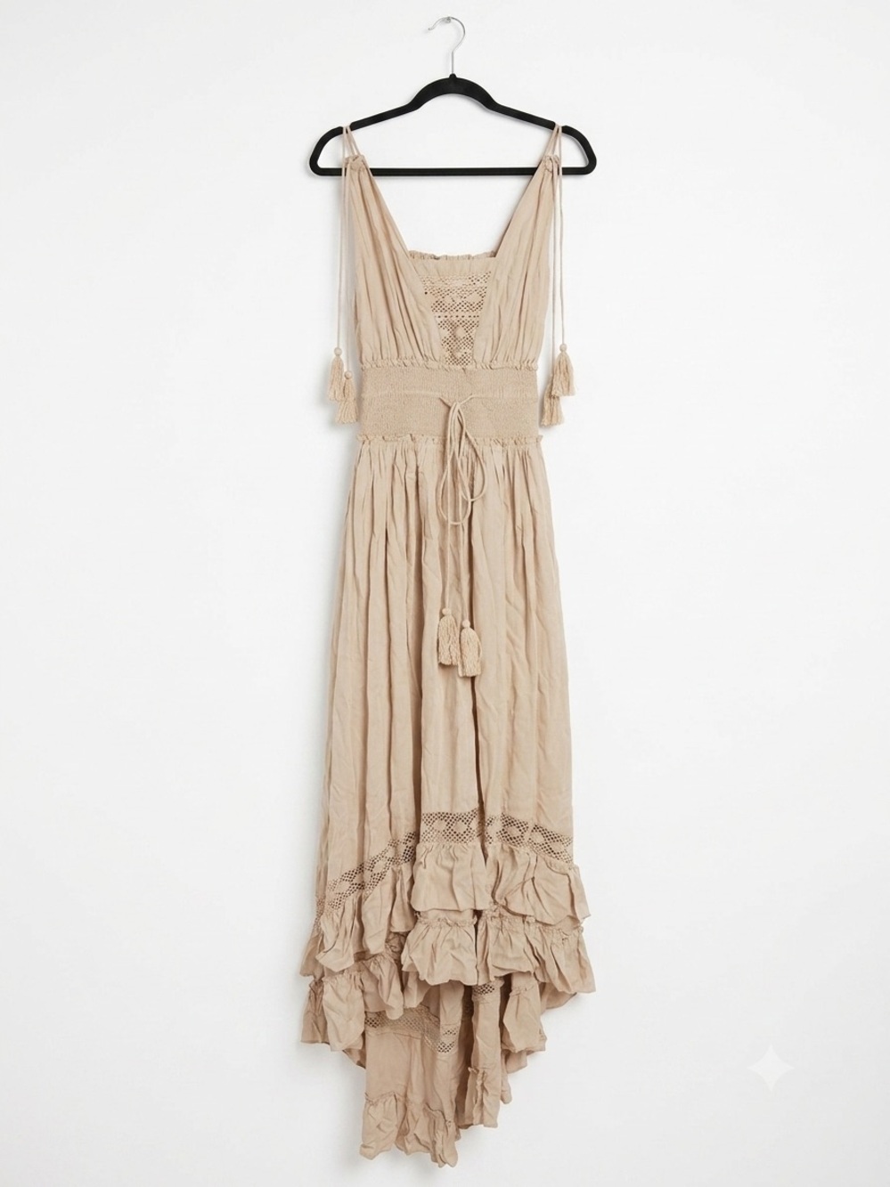 VENUS Beige High-Low Boho Maxi Dress with Tassel Ties